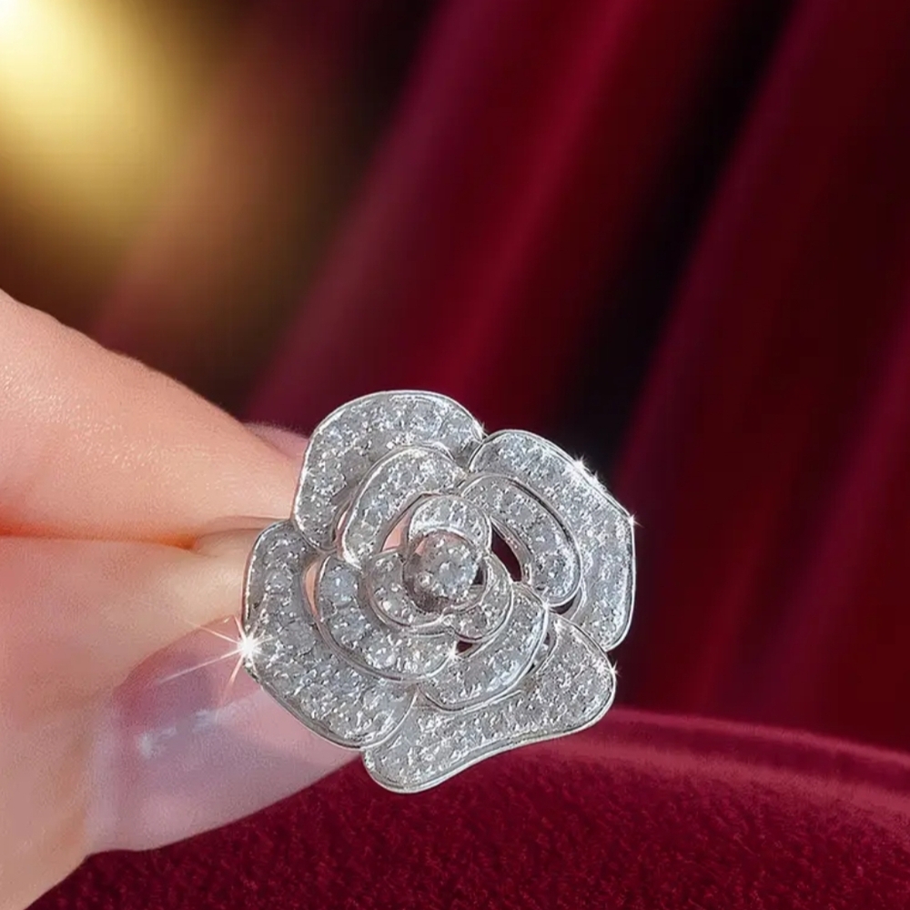 White Rhodium Camellia Ring 7